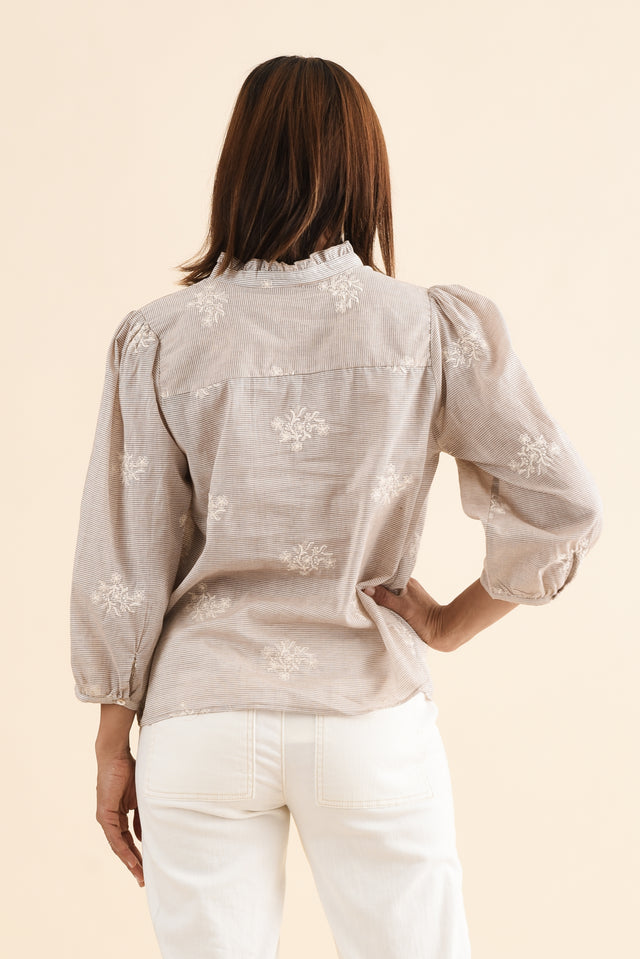 Korey Beige Stripe Cotton Blouse,Back,Brunette model,alt text|model:Cara image 5