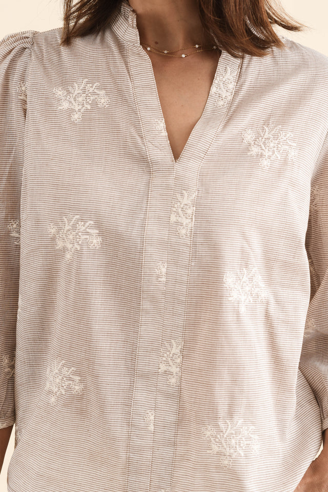 Korey Beige Stripe Cotton Blouse,Detail,Brunette model,alt text|model:Cara image 6
