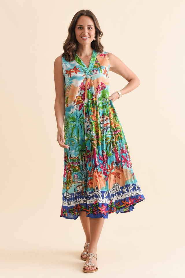 Kori Orange Tropical Cotton Sleeveless Dress,Front,Brunette model,alt text|model:MJ image 1