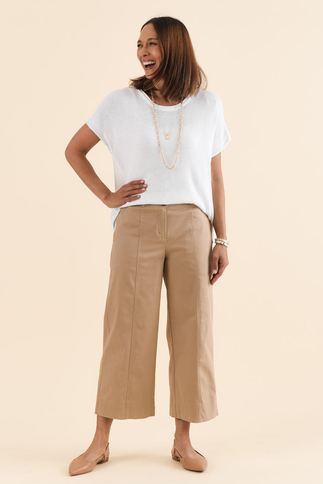 Kristy Beige Cotton Wide Leg Pants,Full Body,Brunette model,alt text|model:Cara image 6