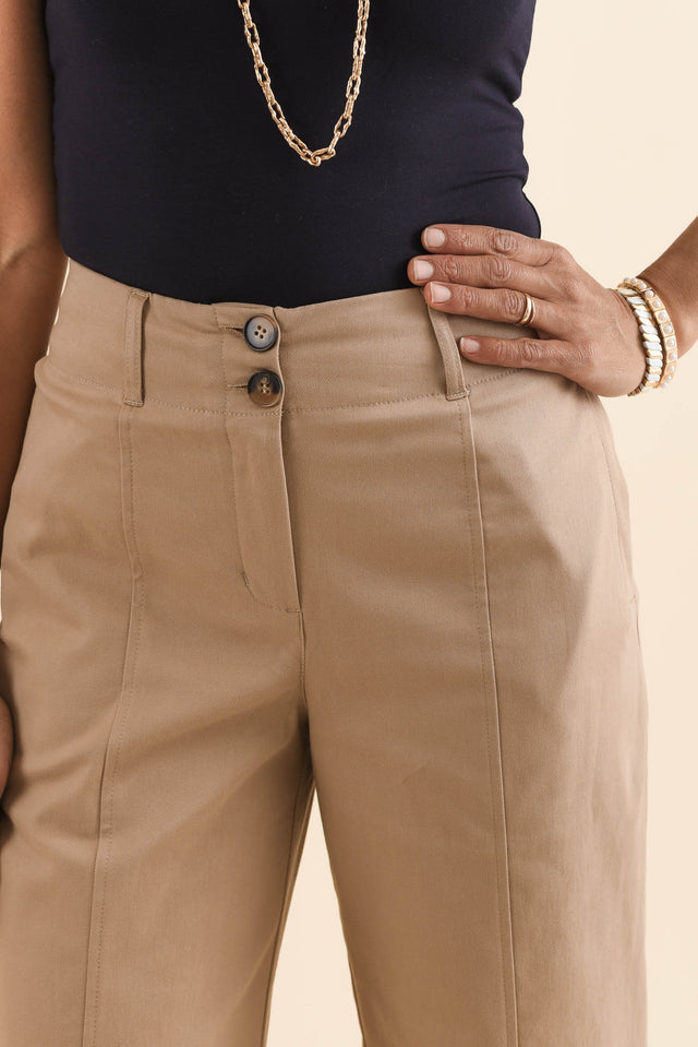 Kristy Beige Cotton Wide Leg Pants,Detail,Brunette model,alt text|model:Cara image 5