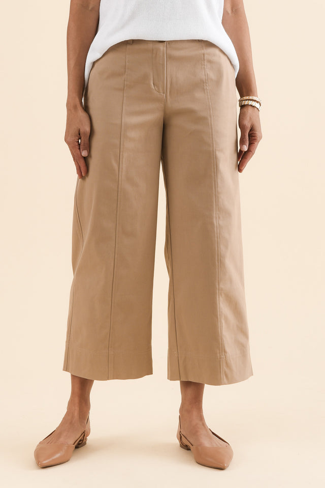 Kristy Beige Cotton Wide Leg Pants,Front,Brunette model,alt text|model:Cara image 1