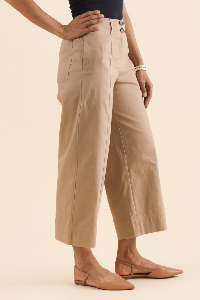 Kristy Beige Cotton Wide Leg Pants,Side,Brunette model,alt text|model:Cara image 3