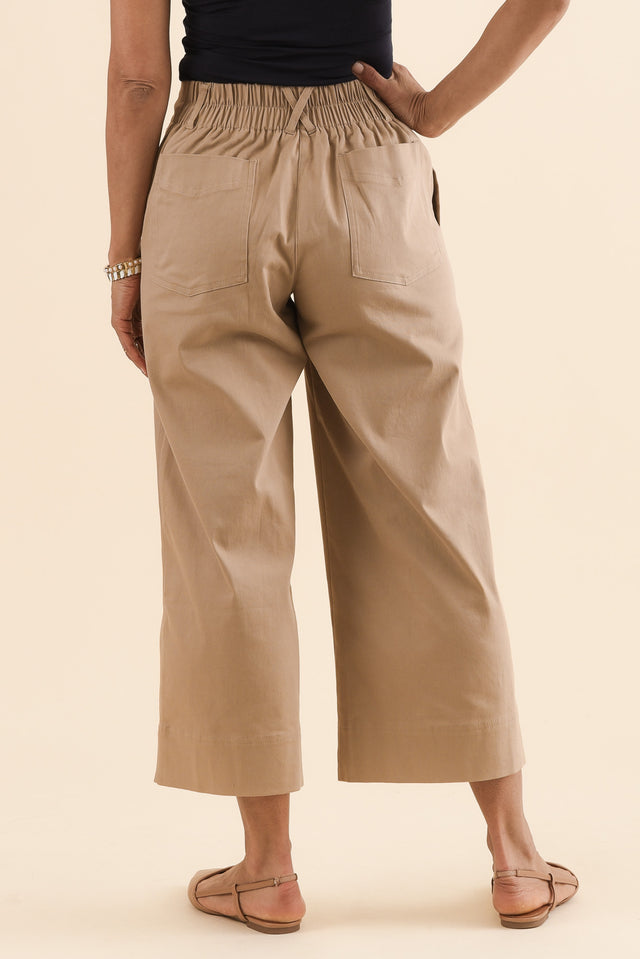 Kristy Beige Cotton Wide Leg Pants,Back,Brunette model,alt text|model:Cara image 4