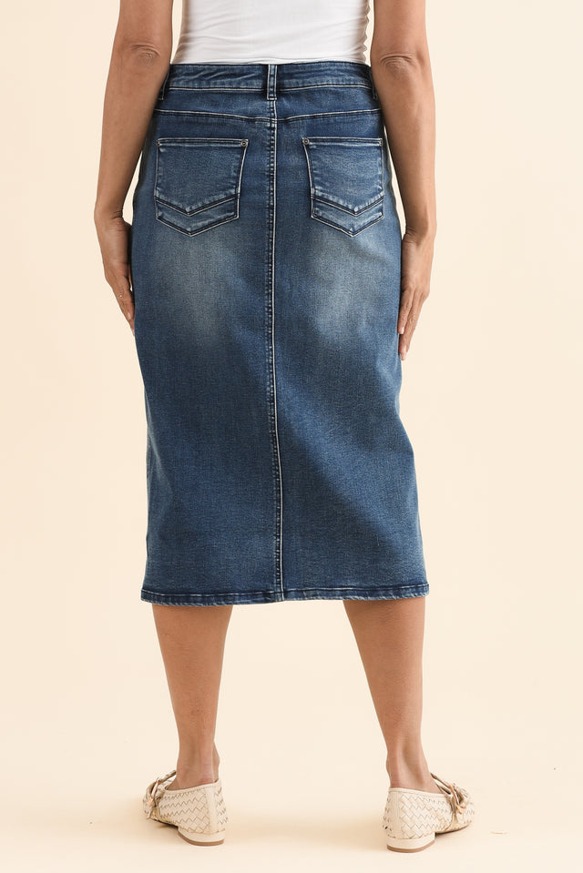 Kylie Dark Wash Denim Midi Skirt,Back,Brunette model,alt text|model:Cara image 4