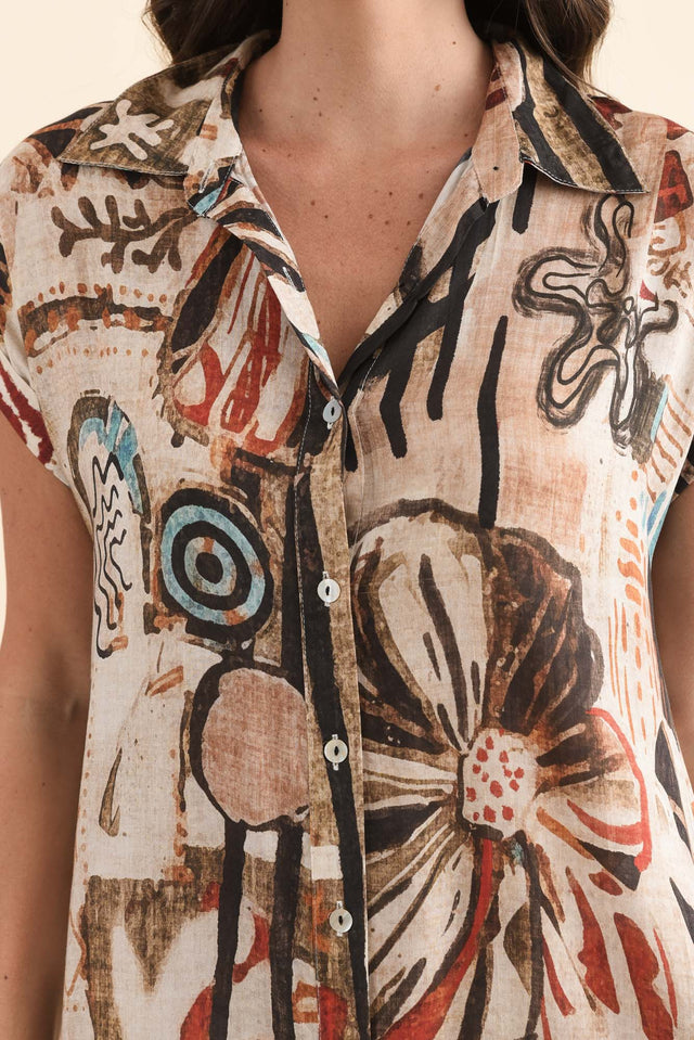 Kyrie Brown Abstract Shirt Dress,Detail,Brunette model,alt text|model:MJ image 5