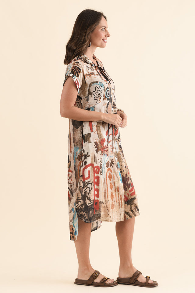 Kyrie Brown Abstract Shirt Dress,Side,Brunette model,alt text|model:MJ image 3