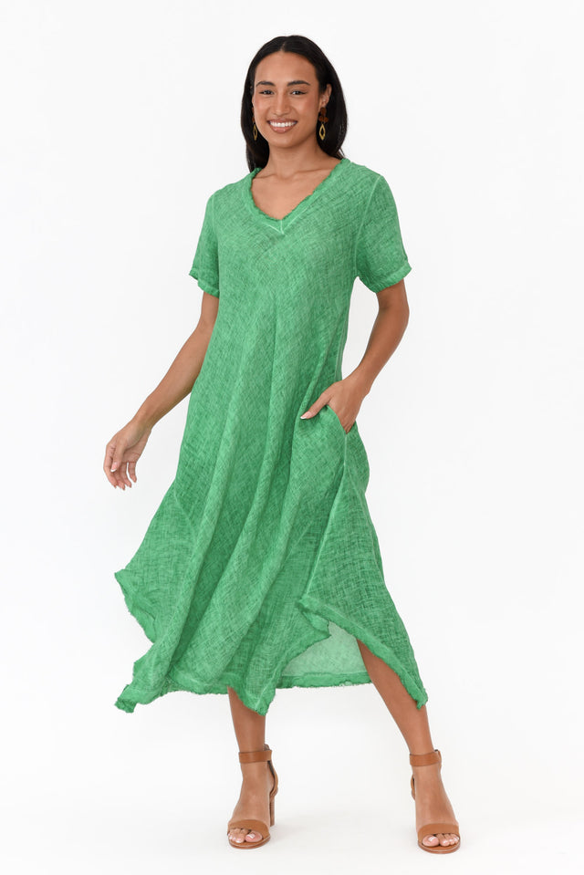 Lacasa Green Linen Frayed Dress banner image