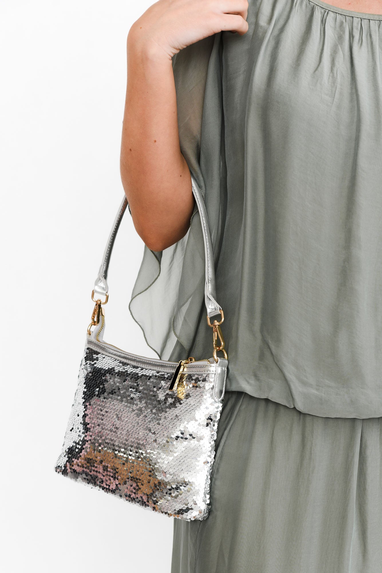 MARC JACOBS Crossbody bag THE MINI TOTE BAG with sequins in silver/ ecru