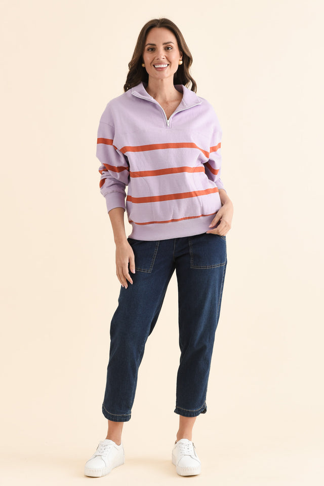 Lane Lilac Stripe Half Zip Sweatshirt,Full Body,Brunette model,alt text|model:MJ image 6