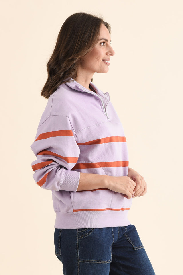 Lane Lilac Stripe Half Zip Sweatshirt,Side,Brunette model,alt text|model:MJ image 3