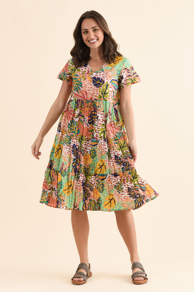 Lania Orange Leaf Crinkle Cotton Dress,Full Body,Brunette model,alt text|model:MJ image 2