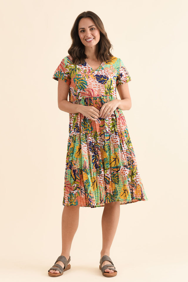Lania Orange Leaf Crinkle Cotton Dress,Full Body,Brunette model,alt text|model:MJ image 6