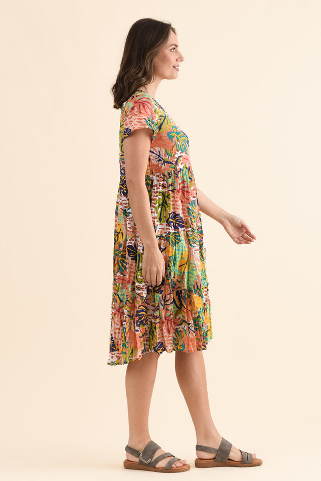 Lania Orange Leaf Crinkle Cotton Dress,Side,Brunette model,alt text|model:MJ image 3