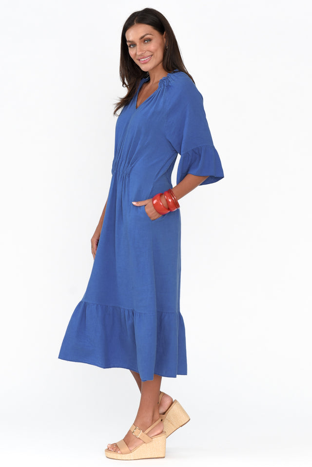 Larentia Blue Linen Gathered Dress thumbnail 3
