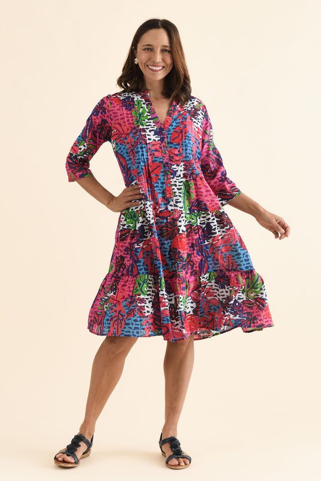 Larissa Pink Jungle Cotton Pleated Dress,Full Body,Brunette model,alt text|model:Cara image 6