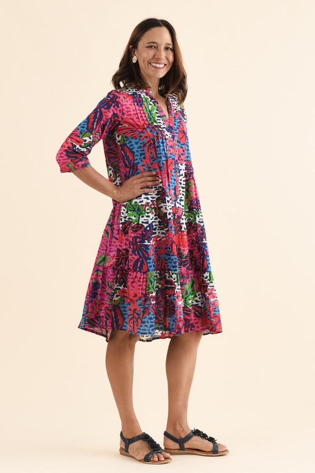Larissa Pink Jungle Cotton Pleated Dress,Side,Brunette model,alt text|model:Cara image 3