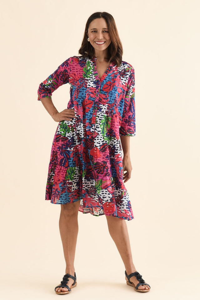 Larissa Pink Jungle Cotton Pleated Dress,Full Body,Brunette model,alt text|model:Cara