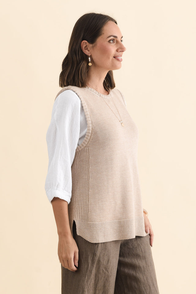 Laurell Beige Knit Crewneck Vest,Brunette model,alt text|model:MJ image 4