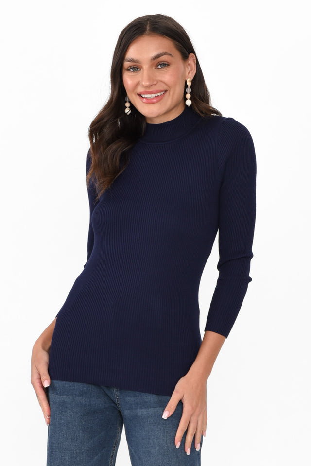 Laurina Navy Cotton Blend Ribbed Top