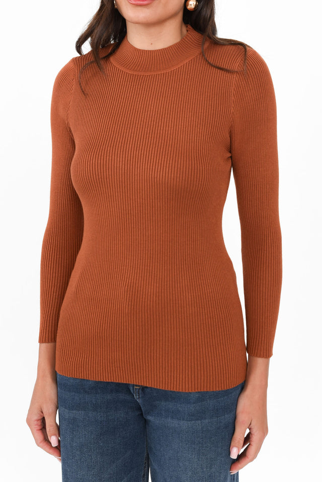 Laurina Tan Cotton Blend Ribbed Top image 5
