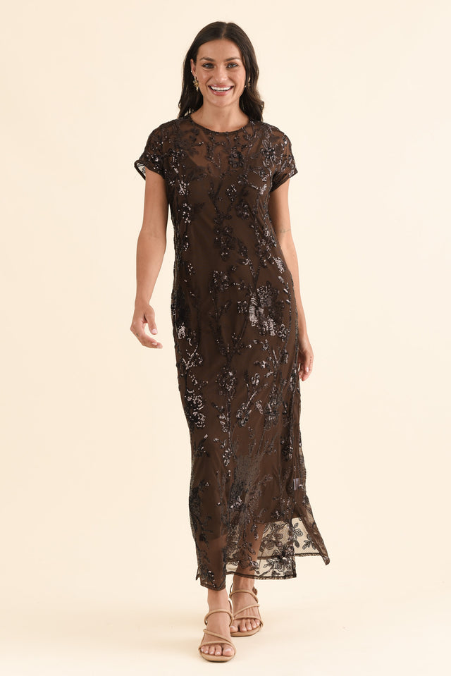 Lavish Chocolate Floral Sequin Dress,Full Body,Brunette model,alt text|model:Brontie