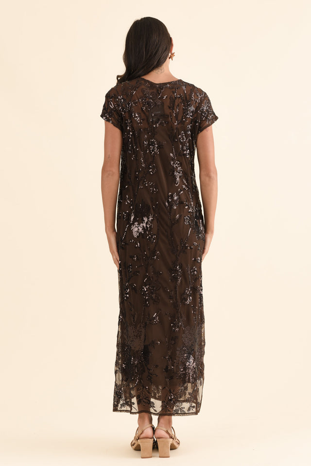 Lavish Chocolate Floral Sequin Dress,Back,Brunette model,alt text|model:Brontie image 4