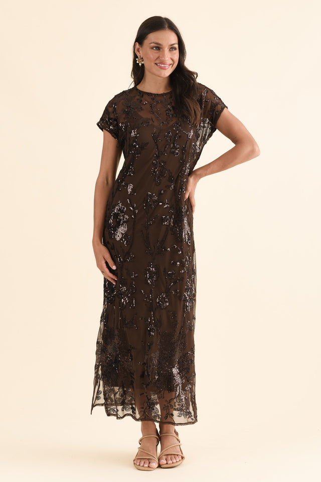Lavish Chocolate Floral Sequin Dress,Front,Brunette model,alt text|model:Brontie