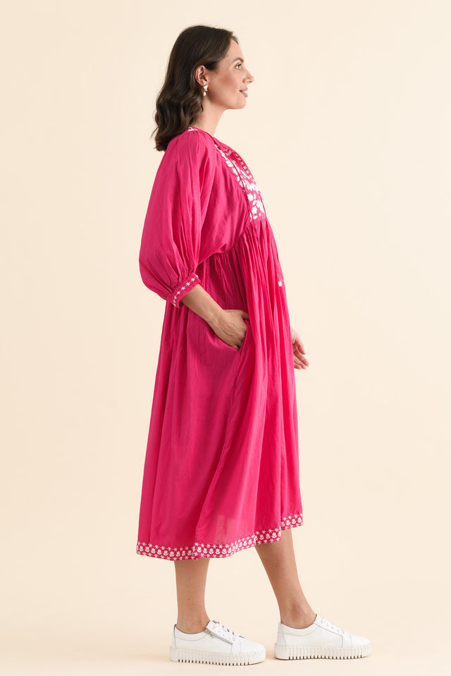 Lazlo Hot Pink Cotton Embroidered Dress,brunette model,Side of Outfit,alt text|model:MJ image 3