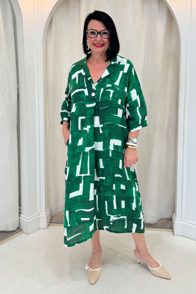 Daria Green Geo Linen Collared Dress image 8