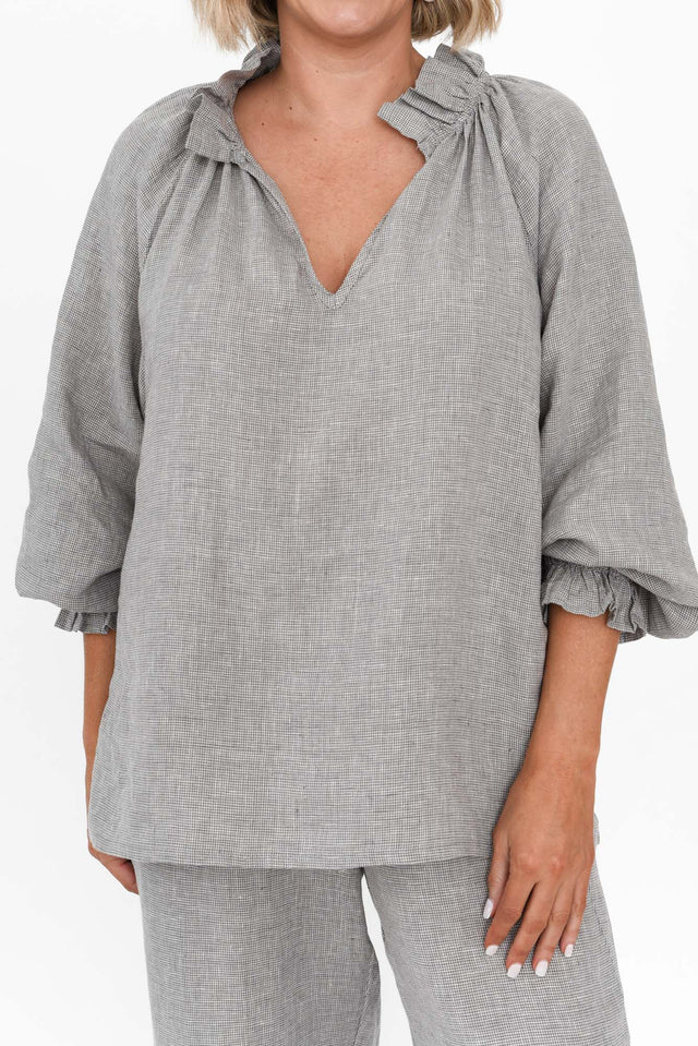 Leland Grey Linen Ruched Collar Top