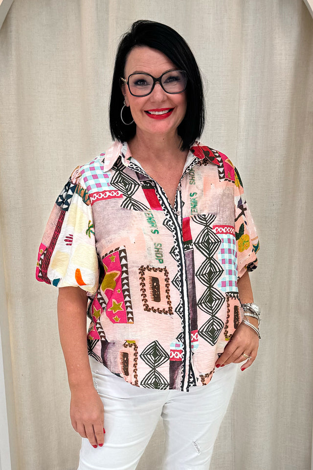 Surat Pink Tile Cotton Linen Shirt