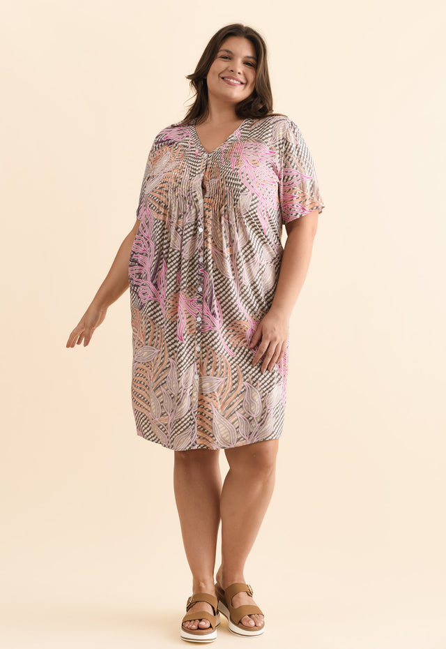 Leticia Pink Leaf Midi Dress,Brunette model,alt text|model:Gabby image 9