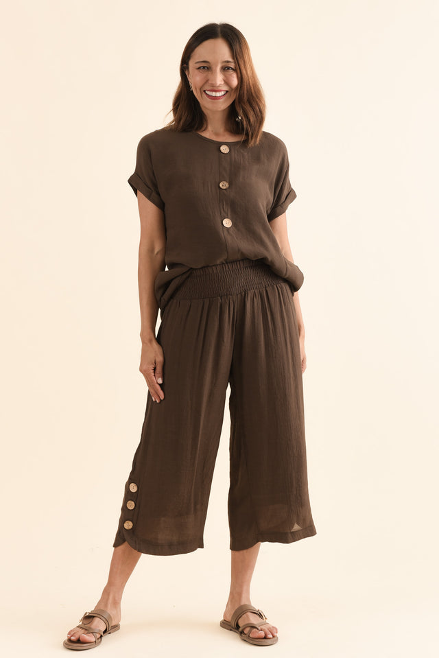 Lettie Chocolate Button Pants,Full Body,Brunette model,alt text|model:Cara image 2
