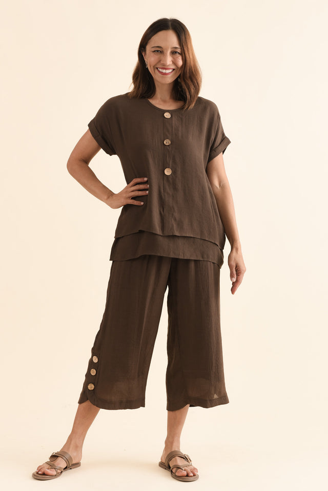 Lettie Chocolate Button Pants,Full Body,Brunette model,alt text|model:Cara image 6