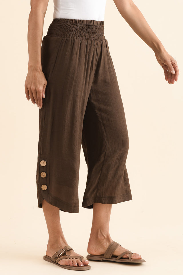 Lettie Chocolate Button Pants,Side,Brunette model,alt text|model:Cara image 3