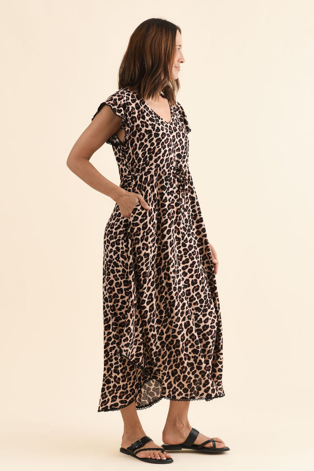 Libby Brown Leopard Midi Dress,Side,Brunette model,alt text|model:Cara image 5