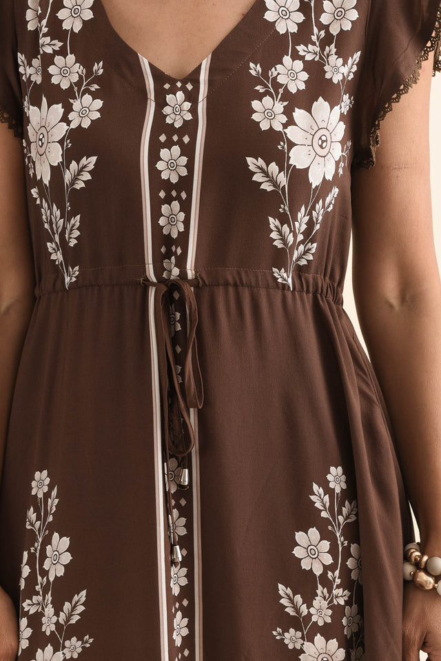 Libby Chocolate Flower Midi Dress,Detail,Brunette model,alt text|model:Cara image 5