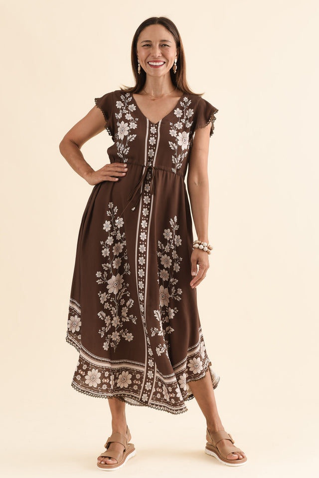 Libby Chocolate Flower Midi Dress,Full Body,Brunette model,alt text|model:Cara image 2