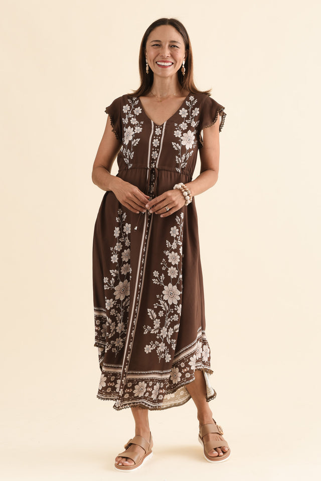 Libby Chocolate Flower Midi Dress,Full Body,Brunette model,alt text|model:Cara image 6