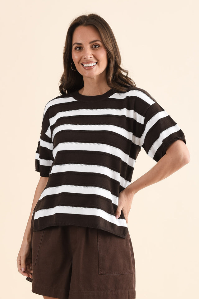 Libby Chocolate Stripe Cotton Top,Front,Brunette model,alt text|model:MJ image 1