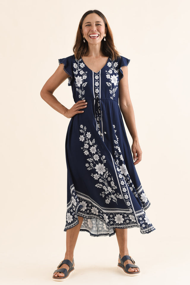 Libby Navy Bloom Midi Dress,Full Body,Brunette model,alt text|model:Cara image 2