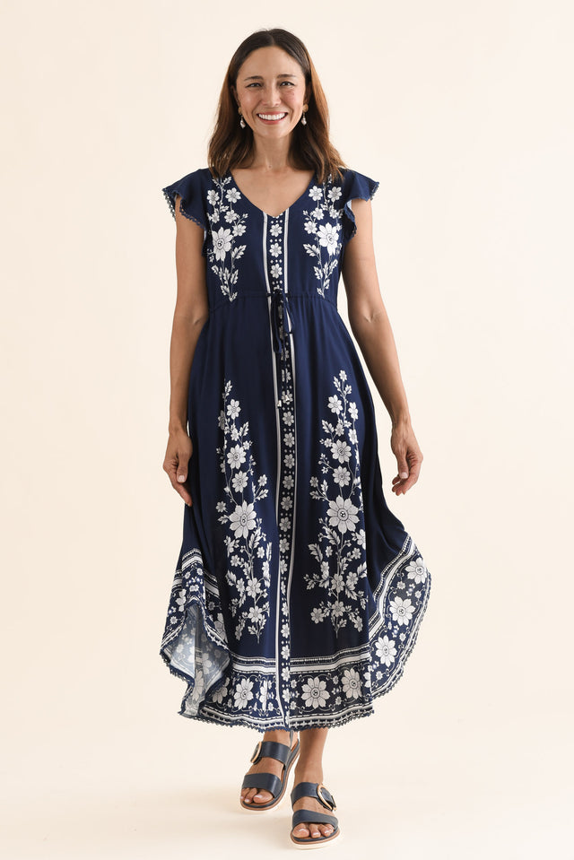 Libby Navy Bloom Midi Dress,Front,Brunette model,alt text|model:Cara image 1