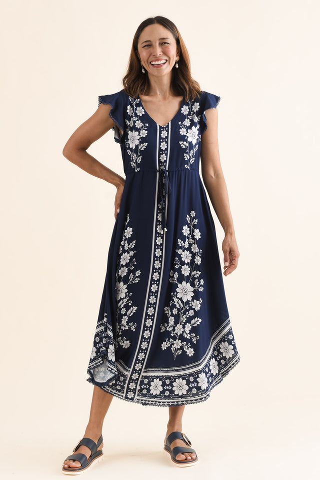 Libby Navy Bloom Midi Dress,Full Body,Brunette model,alt text|model:Cara image 6