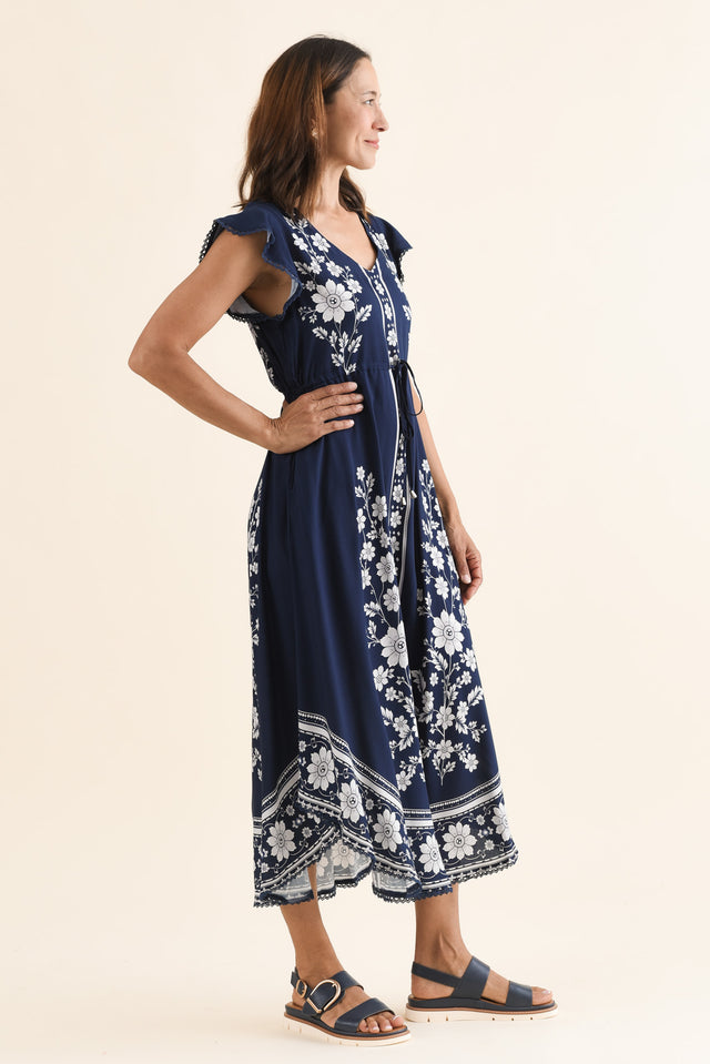 Libby Navy Bloom Midi Dress,Side,Brunette model,alt text|model:Cara image 3