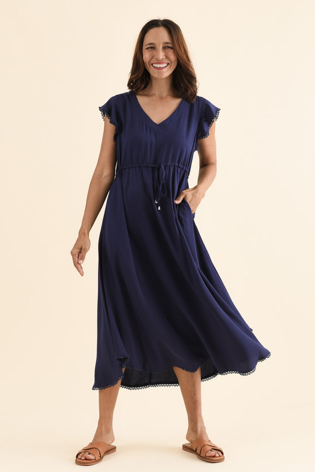 Libby Navy Midi Dress,Front,Brunette model,alt text|model:Cara image 1