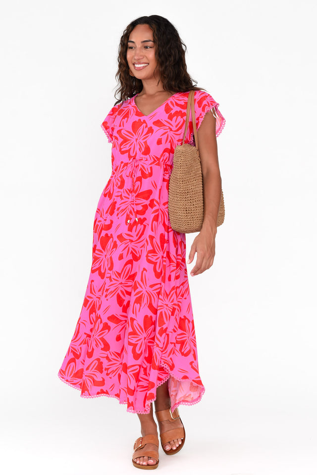 Libby Pink Frangipani Midi Dress thumbnail 1