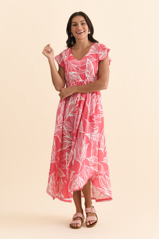 Libby Pink Leaf Midi Dress,Brunette model,alt text|model:Brontie image 7
