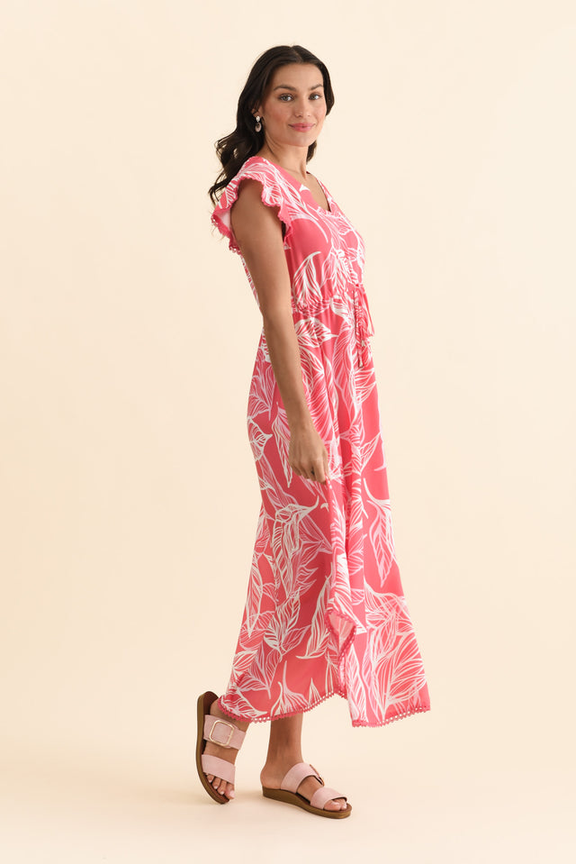 Libby Pink Leaf Midi Dress,Brunette model,alt text|model:Brontie image 4