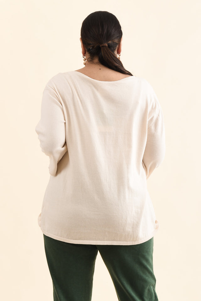 Liberty Beige Cotton Knit 3/4 Sleeve Top,Back,Brunette model,alt text|model:Pilita image 11